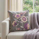 18" Taupe and Purple Cotton Throw Pillow With Embroidery