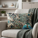14" X 20" Beige and Green Cotton Throw Pillow With Fringe