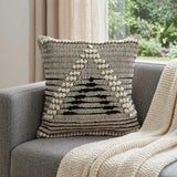 18" Beige and Black Cotton Throw Pillow With Embroidery