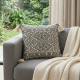 20" x 20" Black and Cream Bohemian Pattern Square Accent Throw Pillow with Tassel