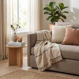 52" X 67" Beige and Black Woven Cotton Striped Throw Blanket with Tassels