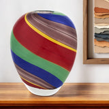 9" Red Blue and Green Striped Murano Style Art Glass Table Vase