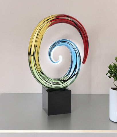 7" Blue and Red Murano Glass Hand Painted Modern Abstract Tabletop Sculpture