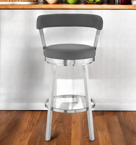 26" Gray And Silver Iron Swivel Backless Counter Height Bar Chair