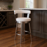 30" White And Silver Fabric And Iron Backless Bar Height Swivel Bar Chair