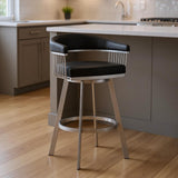 25" Black And Silver Fabric And Iron Backless Counter Height Swivel Bar Chair