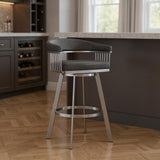 29" Gray And Silver Fabric And Iron Backless Bar Height Swivel Bar Chair