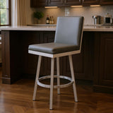 30" Gray And Silver Faux Leather And Faux Leather And Iron Bar Height Swivel Bar Chair