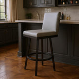30" Gray And Black Faux Leather And Fabric And Iron Bar Height Swivel Bar Chair
