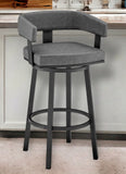 26" Gray And Black Faux Leather And Iron Swivel Low Back Counter Height Bar Chair