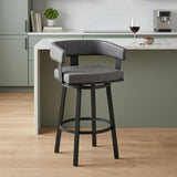 26" Gray And Black Faux Leather And Fabric And Iron Low Back Counter Height Swivel Bar Chair