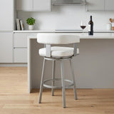 26" White And Gray Faux Leather And Fabric And Iron Low Back Counter Height Swivel Bar Chair