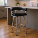 26" Black And Silver Faux Leather And Fabric And Iron Low Back Counter Height Swivel Bar Chair