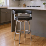 26" Gray And Silver Faux Leather And Fabric And Iron Low Back Counter Height Swivel Bar Chair