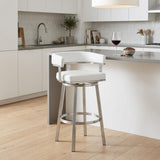 26" White And Silver Faux Leather And Fabric And Steel Low Back Counter Height Swivel Bar Chair