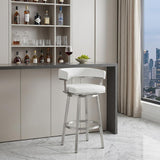 30" White And Silver Faux Leather And Fabric And Steel Low Back Bar Height Swivel Bar Chair