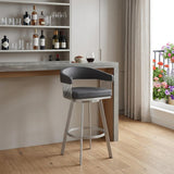 29" Slate Gray And Silver Fabric And Iron Low Back Bar Height Swivel Bar Chair
