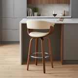 27" Cream And Brown Faux Leather And Fabric And Solid Wood Low Back Counter Height Swivel Bar Chair