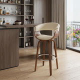 31" Cream And Brown Faux Leather And Fabric And Solid Wood Low Back Bar Height Swivel Bar Chair