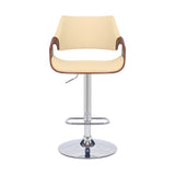 Cream and Silver Faux Leather Iron And Wood Adjustable Height Swivel Bar Chair