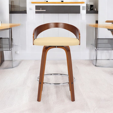 26" Cream and Brown Faux Leather and Solid Wood Low Back Counter Height Swivel Bar Chair