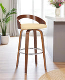 30" Cream And Brown Faux Leather And Fabric And Solid Wood Low Back Bar Height Swivel Bar Chair