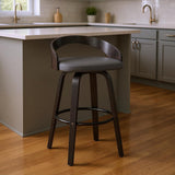 26" Gray And Black Faux Leather And Fabric And Iron Low Back Counter Height Swivel Bar Chair