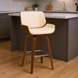 26" Cream And Brown Faux Leather And Fabric And Solid Wood Counter Height Swivel Bar Chair