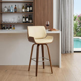 30" Cream And Brown Fabric And Solid Wood Bar Height Swivel Bar Chair