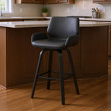 26" Gray And Black Faux Leather And Fabric And Iron Counter Height Swivel Bar Chair