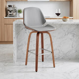 26" Gray And Brown Fabric And Wood Counter Height Swivel Bar Chair