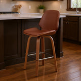 26" Brown Fabric And Wood Counter Height Swivel Bar Chair