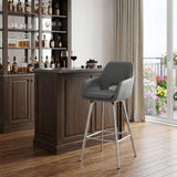 30" Gray And Silver Fabric And Iron Low Back Bar Height Swivel Bar Chair