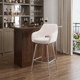 30" White And Silver Fabric And Iron Low Back Bar Height Swivel Bar Chair