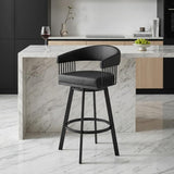 26" Black Faux Leather And Iron Low Back Counter Height Swivel Bar Chair