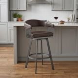 25" Chocolate And Gray Fabric And Faux Leather And Iron Low Back Counter Height Swivel Bar Chair