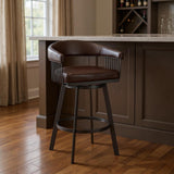 29" Chocolate And Gray Fabric And Faux Leather And Iron Low Back Bar Height Swivel Bar Chair