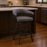 25" Gray And Black Fabric And Iron Low Back Counter Height Swivel Bar Chair