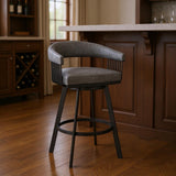 29" Gray And Black Fabric And Iron Low Back Bar Height Swivel Bar Chair