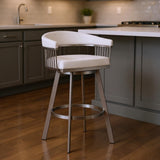 25" White And Silver Fabric And Iron Low Back Counter Height Swivel Bar Chair