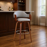 30" Gray And Brown Fabric And Wood Low Back Bar Height Swivel Bar Chair