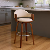 26" Cream And Brown Fabric And Wood Low Back Counter Height Swivel Bar Chair