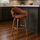 26" Brown Fabric And Wood Low Back Counter Height Swivel Bar Chair
