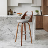 26" Gray And Brown Faux Leather And Fabric And Wood Counter Height Swivel Bar Chair