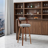 30" Gray And Brown Faux Leather And Fabric And Wood Bar Height Swivel Bar Chair