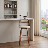 30" Cream And Brown Faux Leather And Fabric And Wood Bar Height Swivel Bar Chair