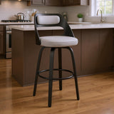 26" Gray And Black Faux Leather And Fabric And Iron Counter Height Swivel Bar Chair