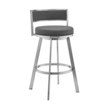 26" Gray and Silver Faux Leather and Iron Low Back Counter Height Swivel Bar Chair