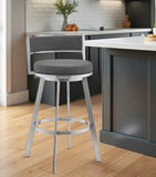 26" Gray and Silver Faux Leather and Iron Low Back Counter Height Swivel Bar Chair