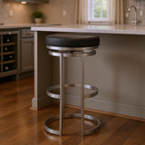 30" Gray And Silver Faux Leather And Fabric And Iron Backless Bar Height Swivel Bar Chair